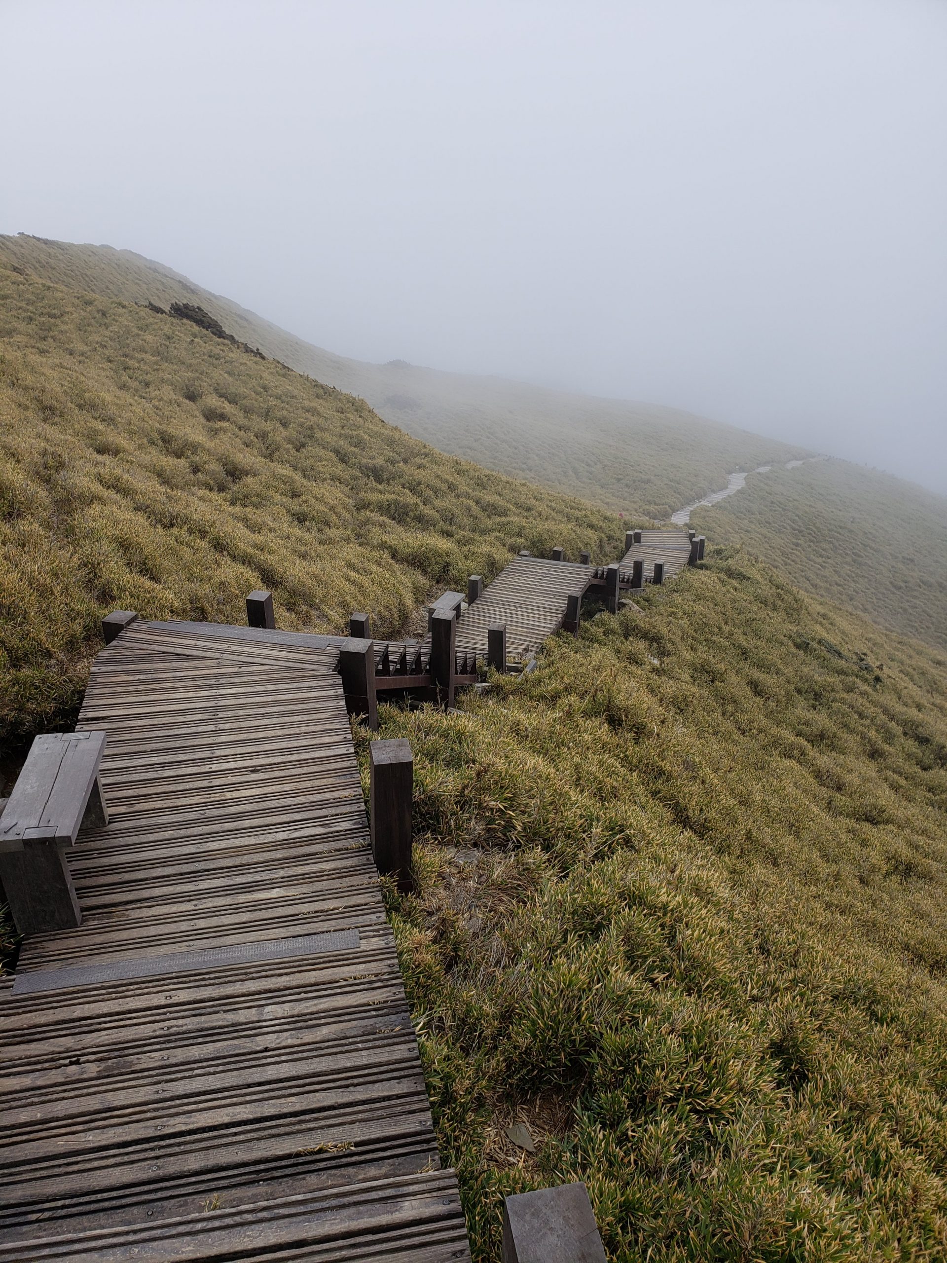 Long, steep, wooden pathway going down a grassy, foggy, mountain in Taiwan.