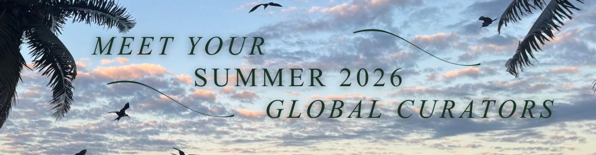 Seaside view with small birds scattered across the photo, palm leaves visible on the edges, and pinkish/purple clouds with text that reads: 'Meet Your Summer 2026 Global Curators'